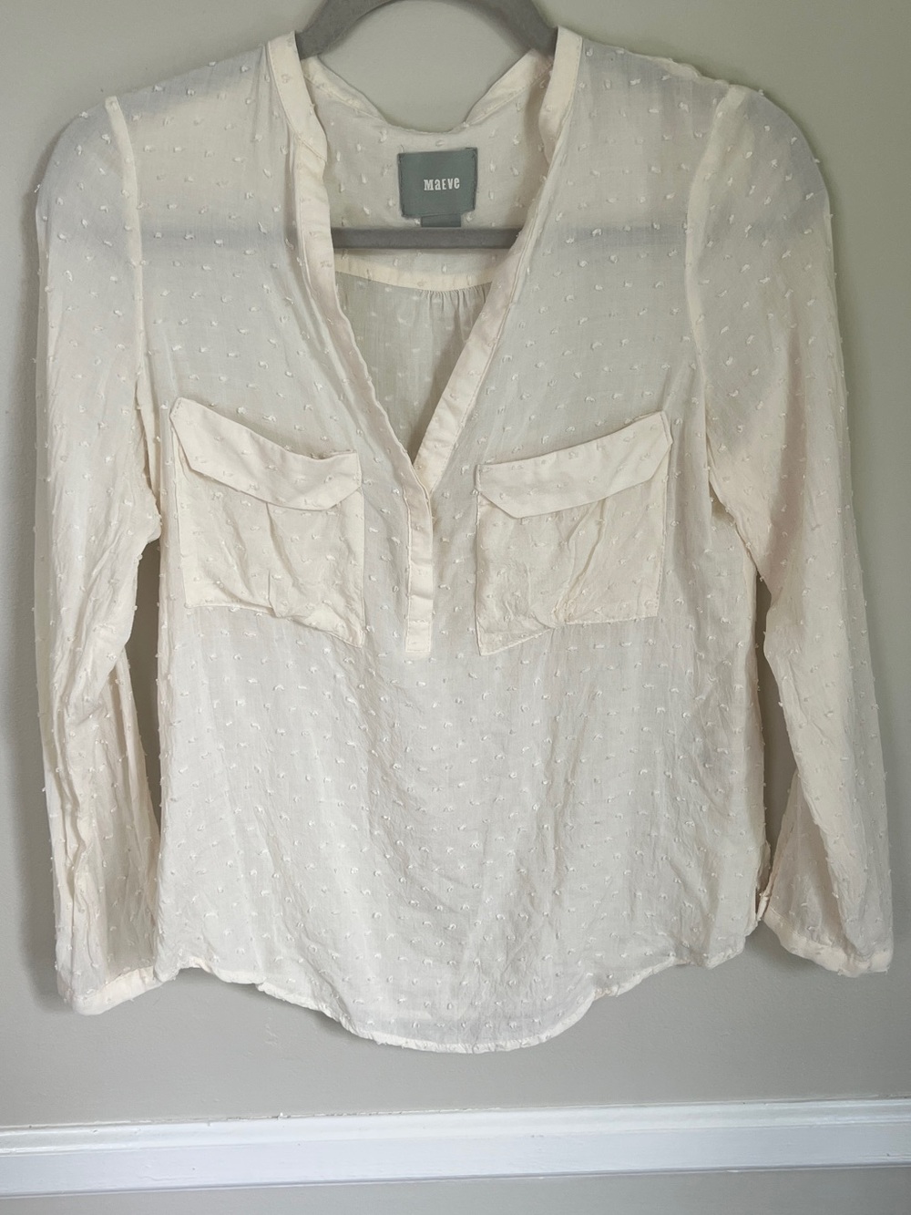 Maeve Cream Swiss Dot Pullover Blouse with Flap Pockets